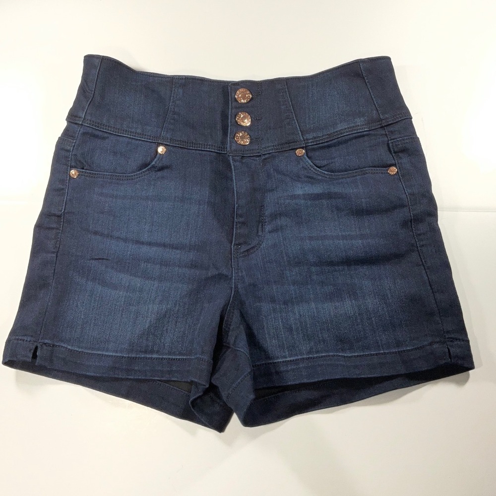 Guess Los Angeles High Waisted Dark Wash Denim Shorts Rose Gold Buttons Size 28